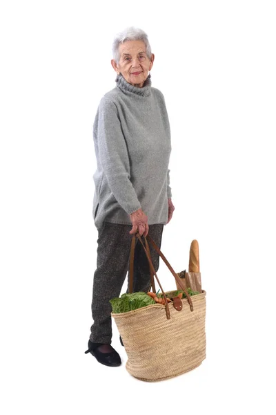Starsza kobieta, idziesz na zakupy, na białym tle, — Zdjęcie stockowe