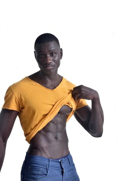 Afrikalı bir adam onun abs beyaz üzerinde gösterilen — Stok fotoğraf
