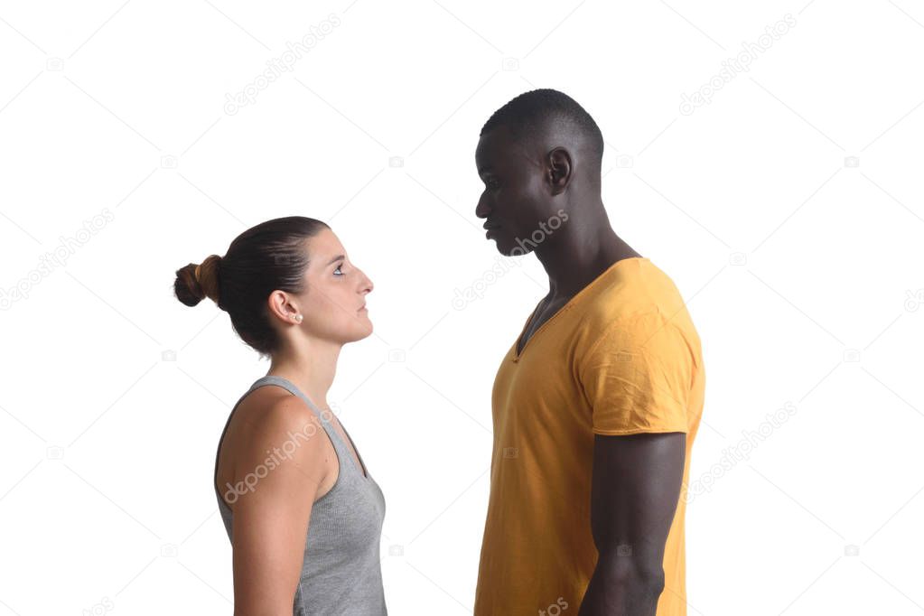 portrait of a couple mixed race on white
