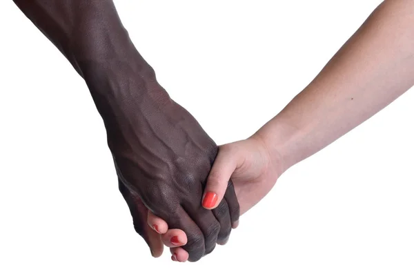 Eine kaukasische und eine afrikanische Hand auf weißem Hintergrund — Stockfoto