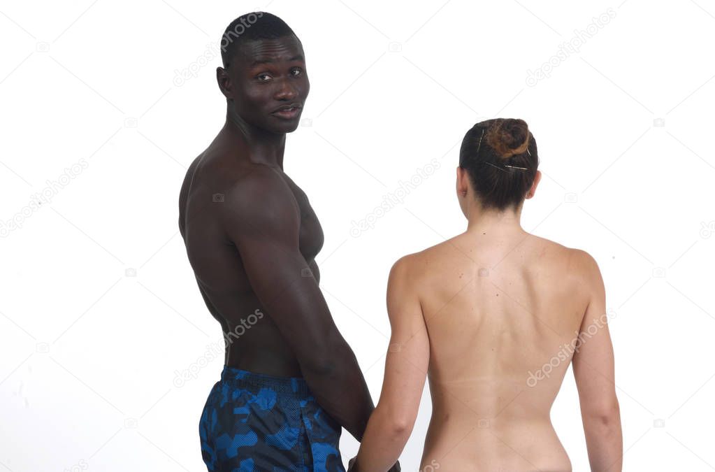 Portrait of a couple backs on white background