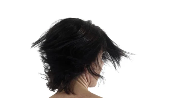 Una mujer moviendo su cabeza sobre fondo blanco — Foto de Stock