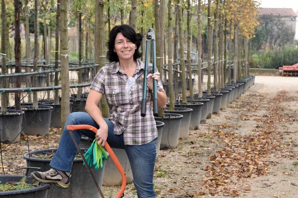 Mulher que trabalha em um centro de jardinagem — Fotografia de Stock