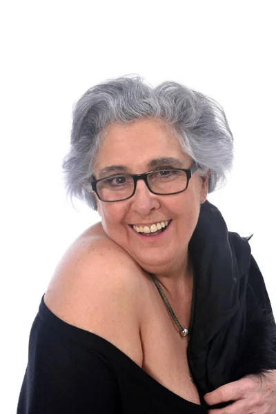 An older woman with a sexy posed on white background — Stock Photo, Image