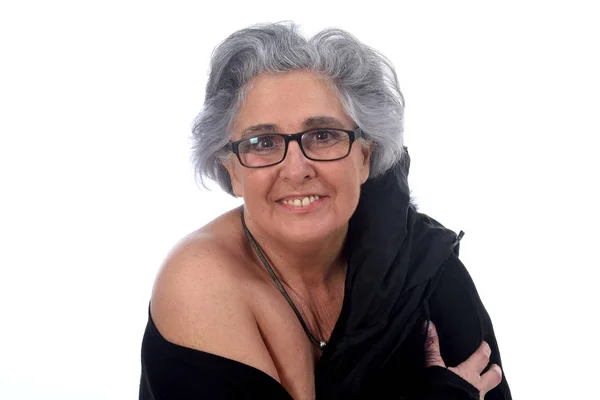 Eine ältere Frau mit sexy Pose auf weißem Hintergrund — Stockfoto