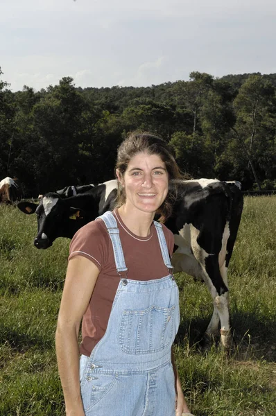 Portrait d'une agricultrice avec quelques vaches — Photo