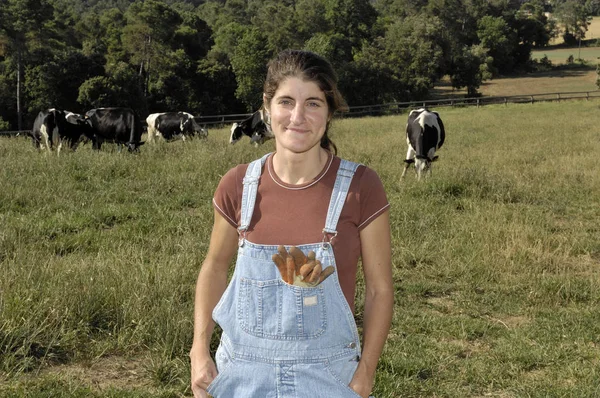 Portréja egy nő mezőgazdasági néhány tehén — Stock Fotó