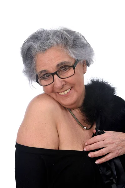 An older woman with a sexy posed on white background — Stock Photo, Image