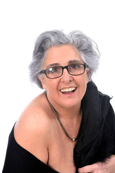 An older woman with a sexy posed on white background — Stock Photo, Image