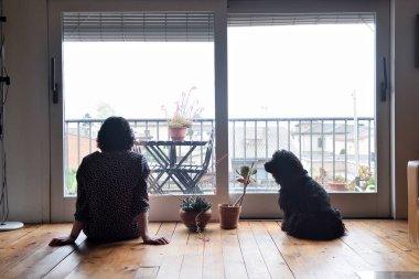 oturma ve onun köpeği ile pencereden dışarı bakarak üzgün kadın