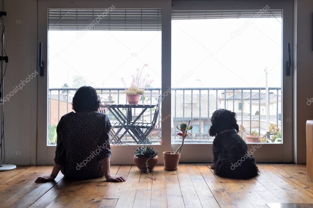 sad woman sitting and looking out the window with her dog