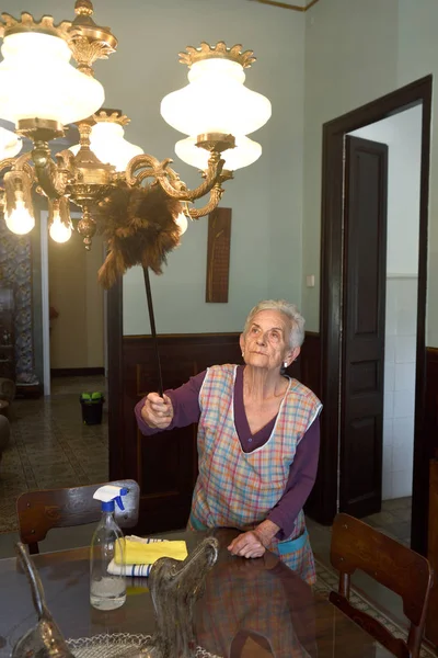 Sênior mulher espanando a casa — Fotografia de Stock