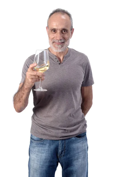 Homem com um golpe de vinho branco no fundo branco — Fotografia de Stock