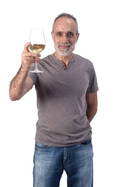 Uomo con un colpo di stato di vino bianco su sfondo bianco — Foto Stock