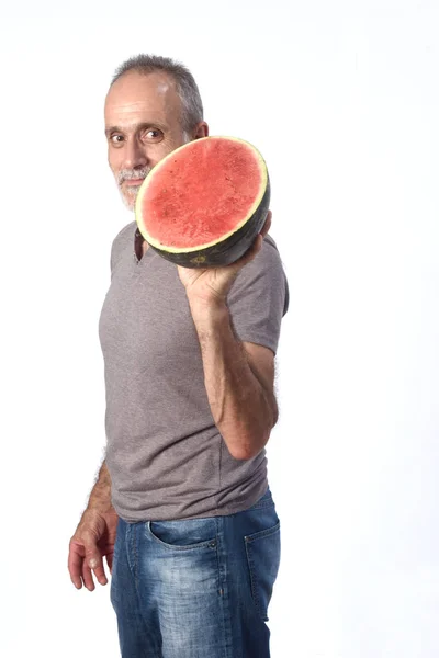 Man with watermelon on white background — Stock Photo, Image