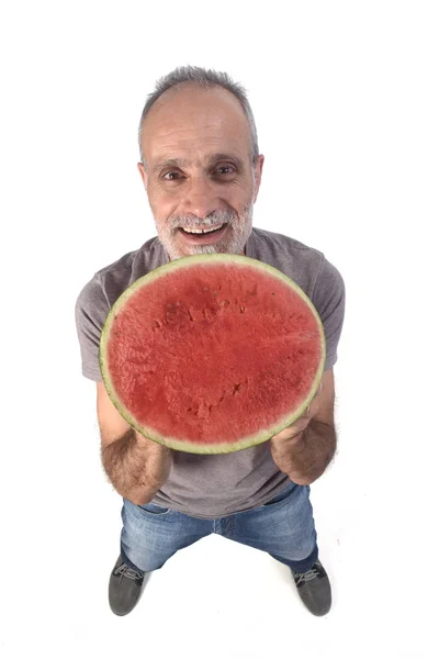 Homme avec pastèque sur fond blanc — Photo