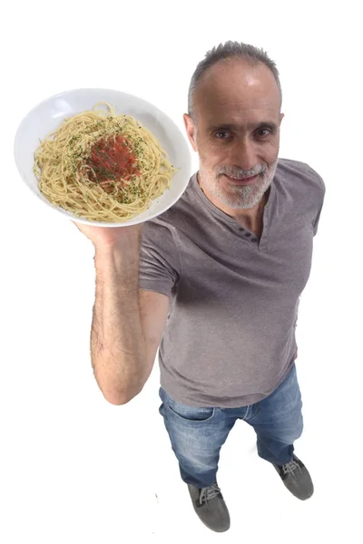 Mann mit weißem Spaghettihintergrund — Stockfoto