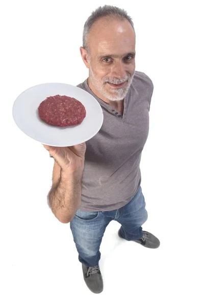 Homem com hambúrguer no fundo branco — Fotografia de Stock
