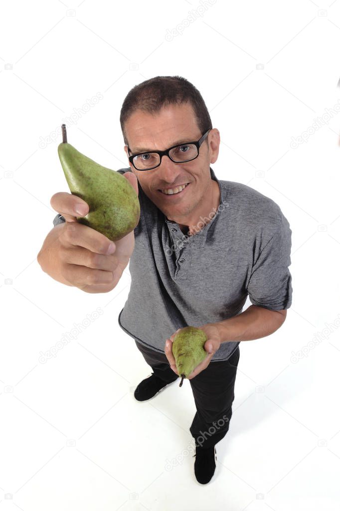 man with pear on white background