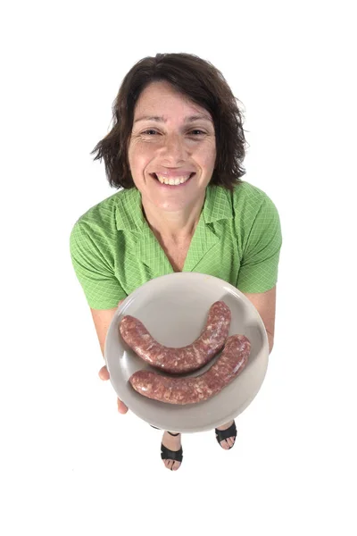 Mujer con salchicha sobre fondo blanco — Foto de Stock