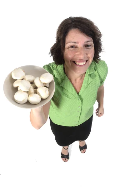 Femme avec champignon sur fond blanc — Photo