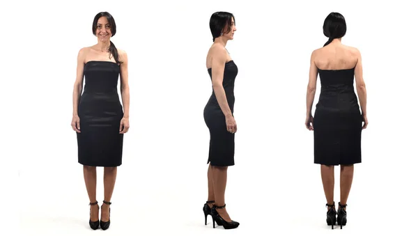 Retrato completo de mujer con perfil, frente y espalda en blanco —  Fotos de Stock
