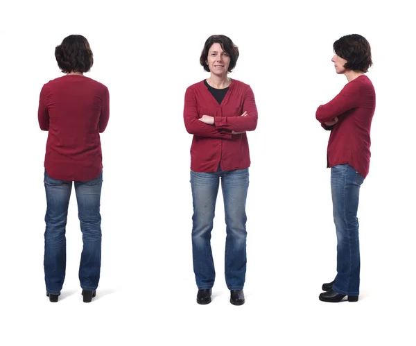 Woman with jeans and arms crossed, front,sideways and back on wh — Stockfoto