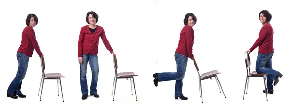 Group of woman standing with a chair in white background — Stock Photo, Image