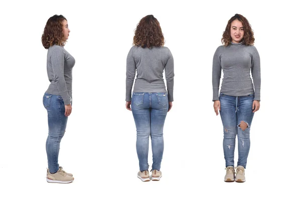 Frau Mit Jeans Vorne Hinten Und Seitlich Auf Weißem Hintergrund — Stockfoto