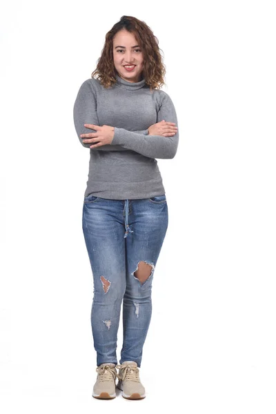 Retrato Completo Mulher Sobre Fundo Branco Braços Cruzados — Fotografia de Stock