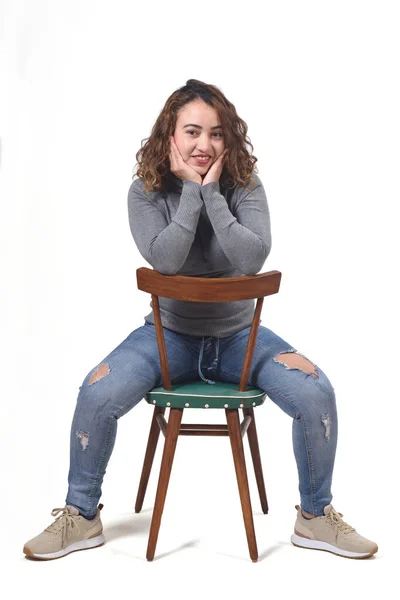 Portrait Woman Sitting Chair White Background Rear View Chair Looking — Stock Photo, Image