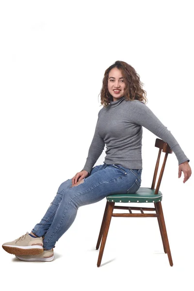 Portrait Woman Sitting Chair White Background Rear View Chair Looking — Stock Photo, Image