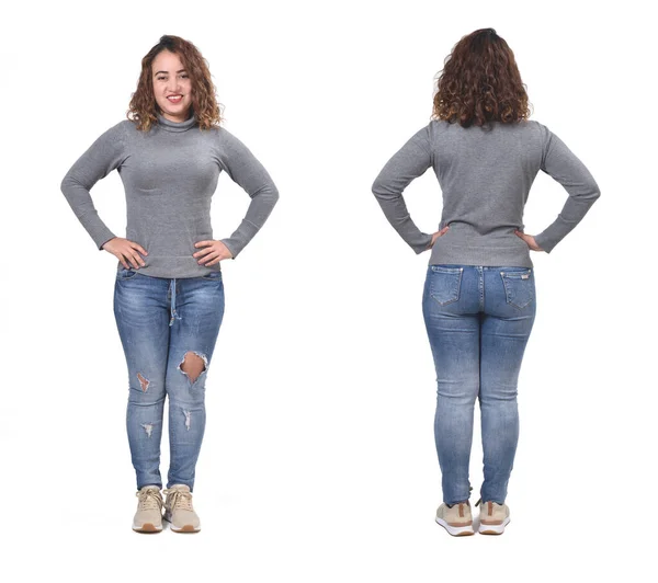 Mulher Com Jeans Frente Costas Mãos Quadril Branco — Fotografia de Stock