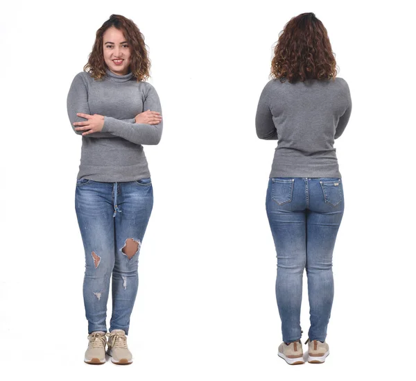 Mulher Com Jeans Frente Costas Braços Cruzados Fundo Branco — Fotografia de Stock