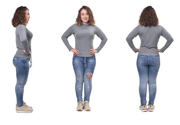 Woman Jeans Front Back Side View White Background Hands Hip — Stock Photo, Image