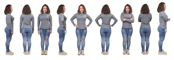 Large Group Same Woman Jeans Front Back Side View White — Stock Photo, Image