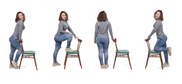 Colagem Mulher Brincando Com Uma Cadeira Fundo Branco — Fotografia de Stock