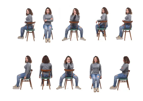 Große Gruppe Einer Frau Sitzt Auf Einem Stuhl Vor Weißem — Stockfoto