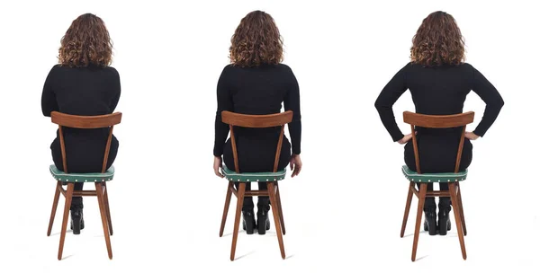 Rückansicht Einer Frau Die Auf Einem Stuhl Auf Weißem Hintergrund — Stockfoto