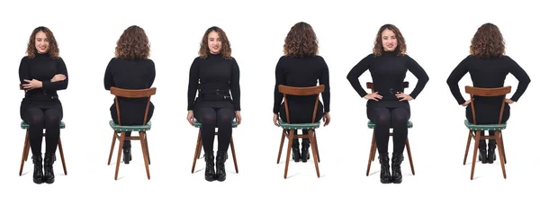 Frau Sitzt Auf Stuhl Auf Weißer Vorder Und Rückseite — Stockfoto