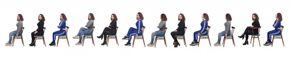 Large Group Same Woman Sitting Profile Different Ways Dressing White — Stock Photo, Image