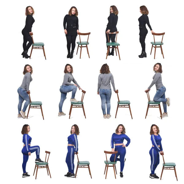 Grande Grupo Uma Mesma Mulher Brincando Com Uma Cadeira Con — Fotografia de Stock