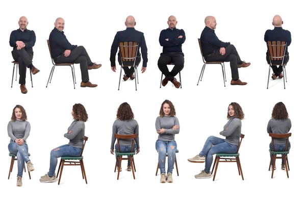 白い背景前後の椅子に座っているカップルのコラージュ — ストック写真