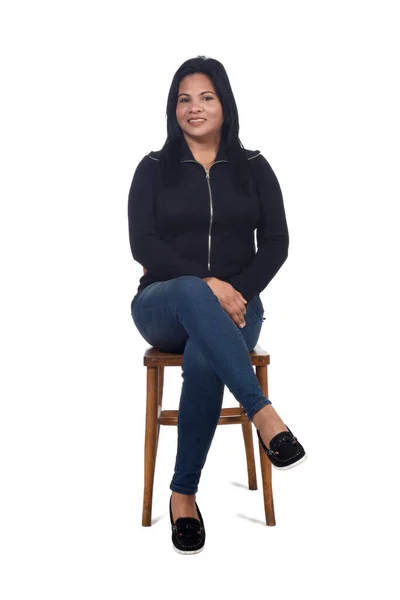 Portrait Woman Sitting Chair White Background Looking Camera — Stock Photo, Image