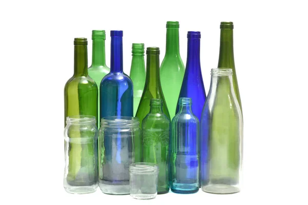 白色背景的瓶子和罐子组 — 图库照片