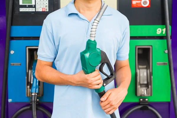 Man Hold Fuel Nozzle Add Fuel Car Gas Station — Stock Photo, Image