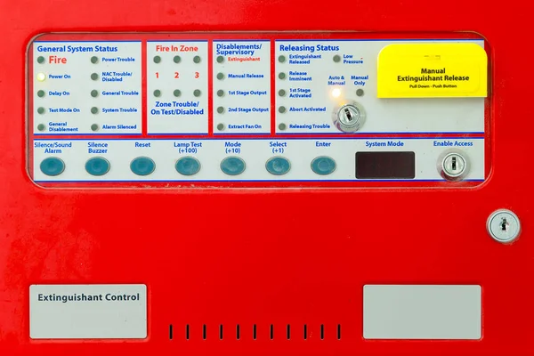 Primo piano del pannello di controllo estinguente - Sistemi di allarme antincendio — Foto Stock