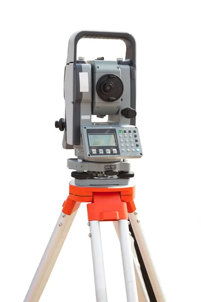 Survey equipment theodolite on a tripod. Isolated on white backg — Stock Photo, Image