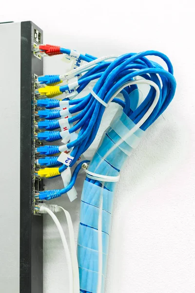 Cabos de fibra óptica conectados ao data center, tem cabo, fibra op — Fotografia de Stock