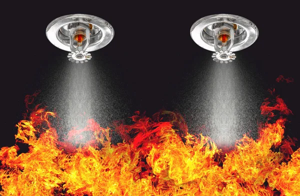Image of Fire Sprinklers Spraying with fire background. Fire spr — Stock Photo, Image